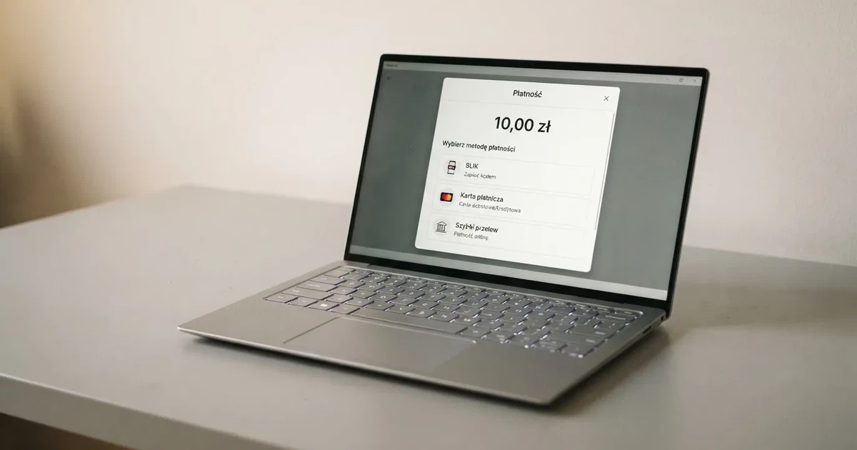 Laptop z otwartym oknem wpłaty na kwotę 10 zł i listą metod: BLIK, karta płatnicza, szybki przelew
