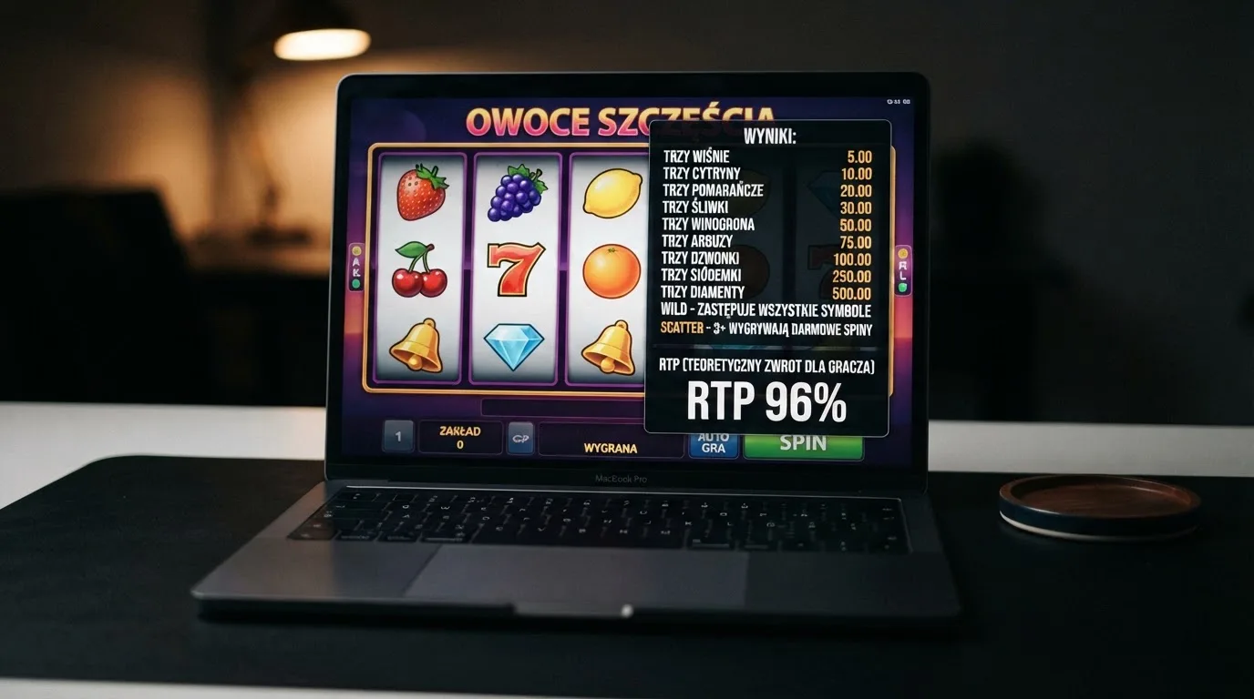 ekran automatu online z otwartą tabelą wypłat pokazującą wartość procentową RTP