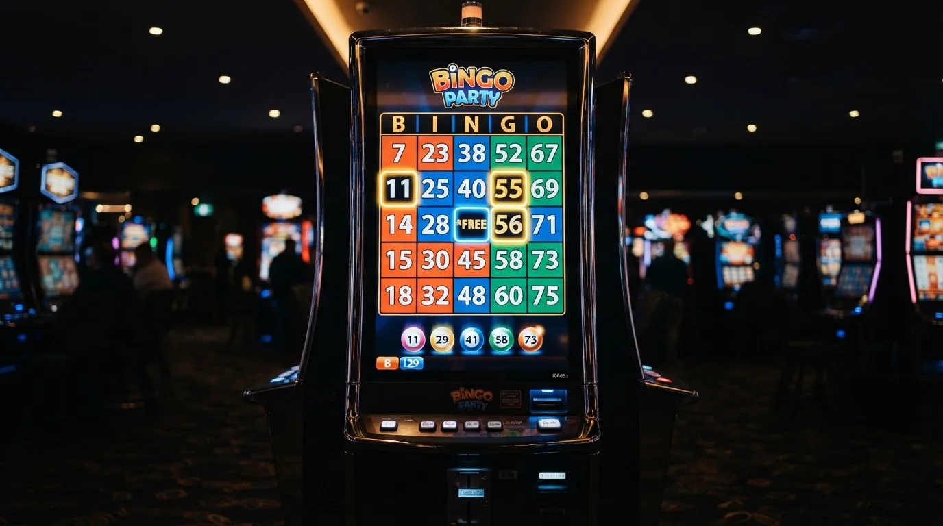Ekran automatu do gry z kolorową planszą w stylu bingo i podświetlonymi liczbami