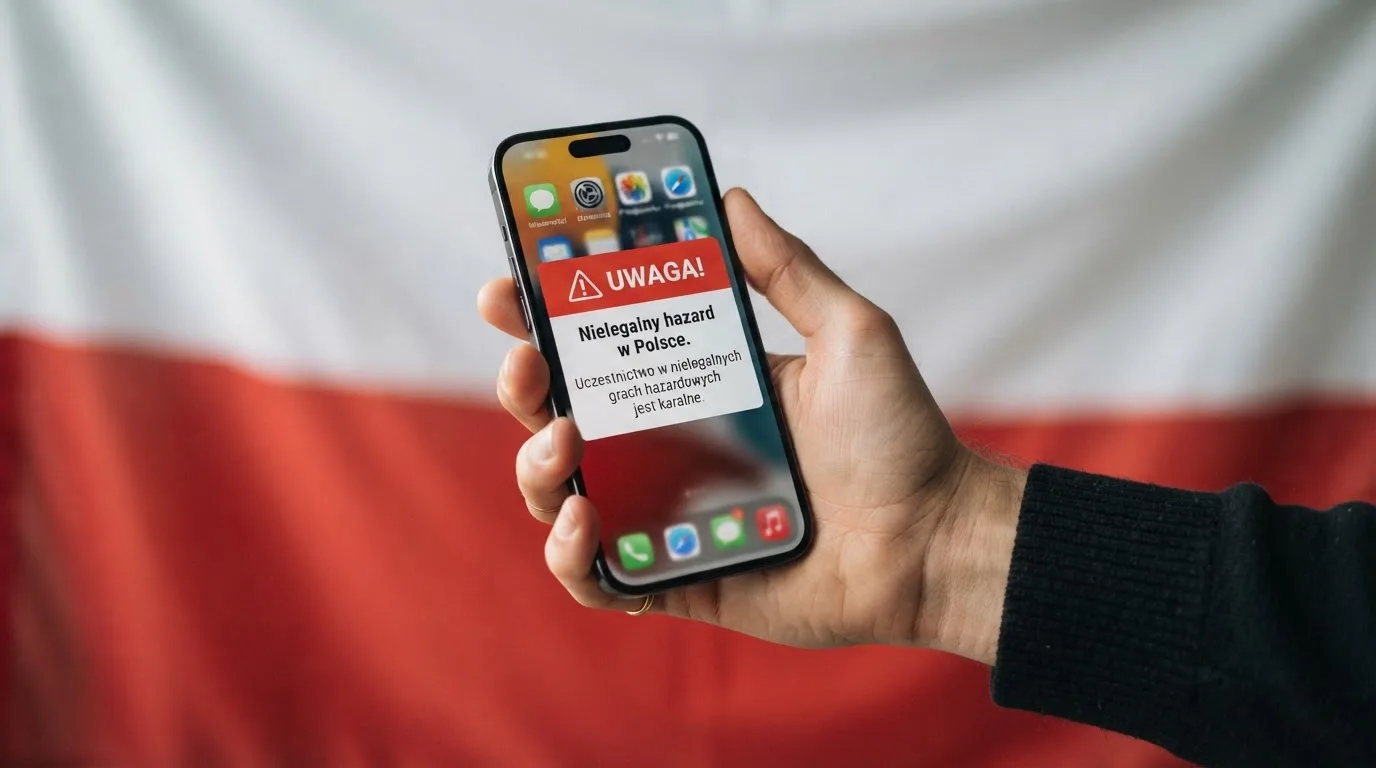 Dłoń trzymająca telefon z widocznym komunikatem ostrzegawczym o legalności hazardu online na tle biało-czerwonej flagi Polski.