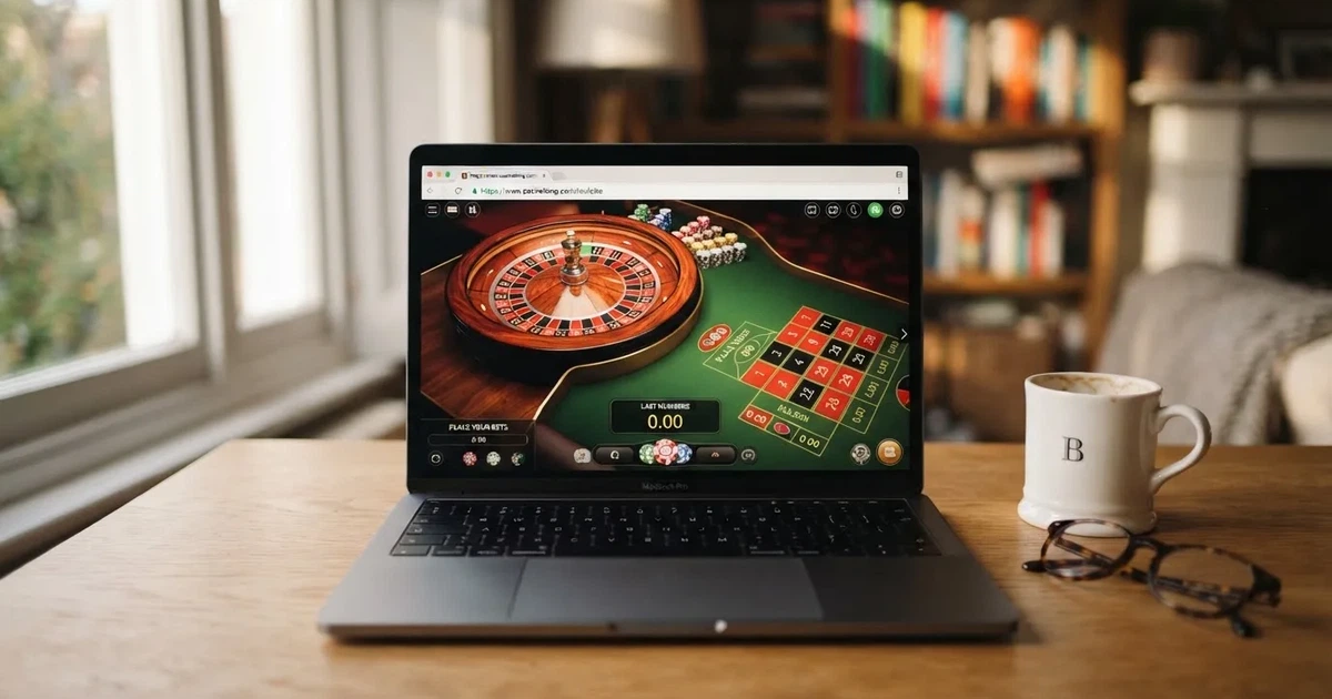 Laptop na biurku z otwartą stroną kasyna internetowego i ikoną kłódki szyfrowania w pasku adresu przeglądarki
