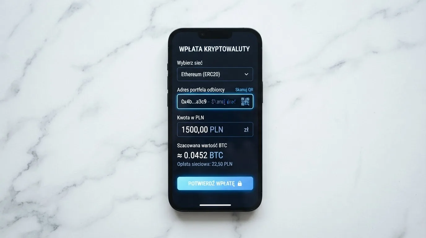 Zbliżenie na formularz wpłaty w kasynie online z polem na adres portfela kryptowalutowego BNB Smart Chain.