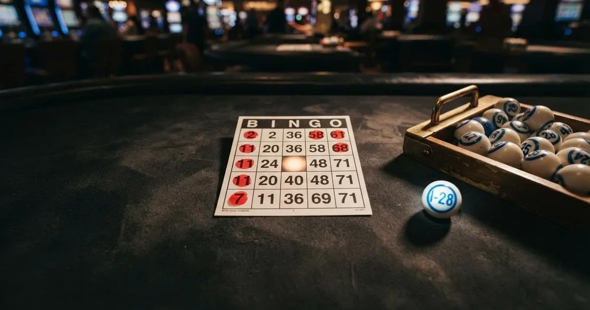 Karta do bingo z odznaczonymi liczbami obok wylosowanych kulek na stole w kasynie online