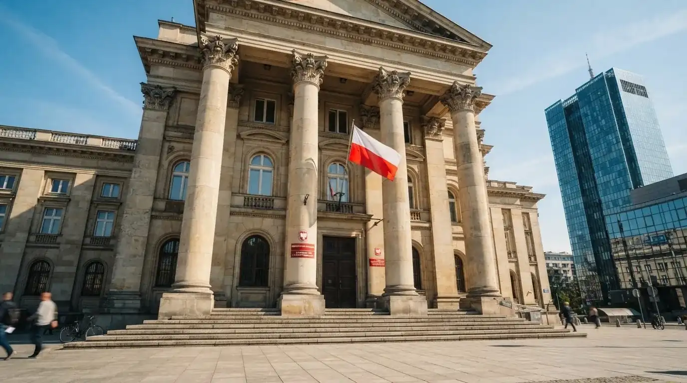 Fasada budynku instytucji państwowej z flagą Polski, symbol nadzoru regulatora nad rynkiem gier hazardowych