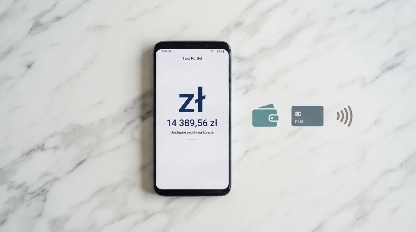 Ikony popularnych elektronicznych portfeli płatniczych obok telefonu z otwartą aplikacją bankową