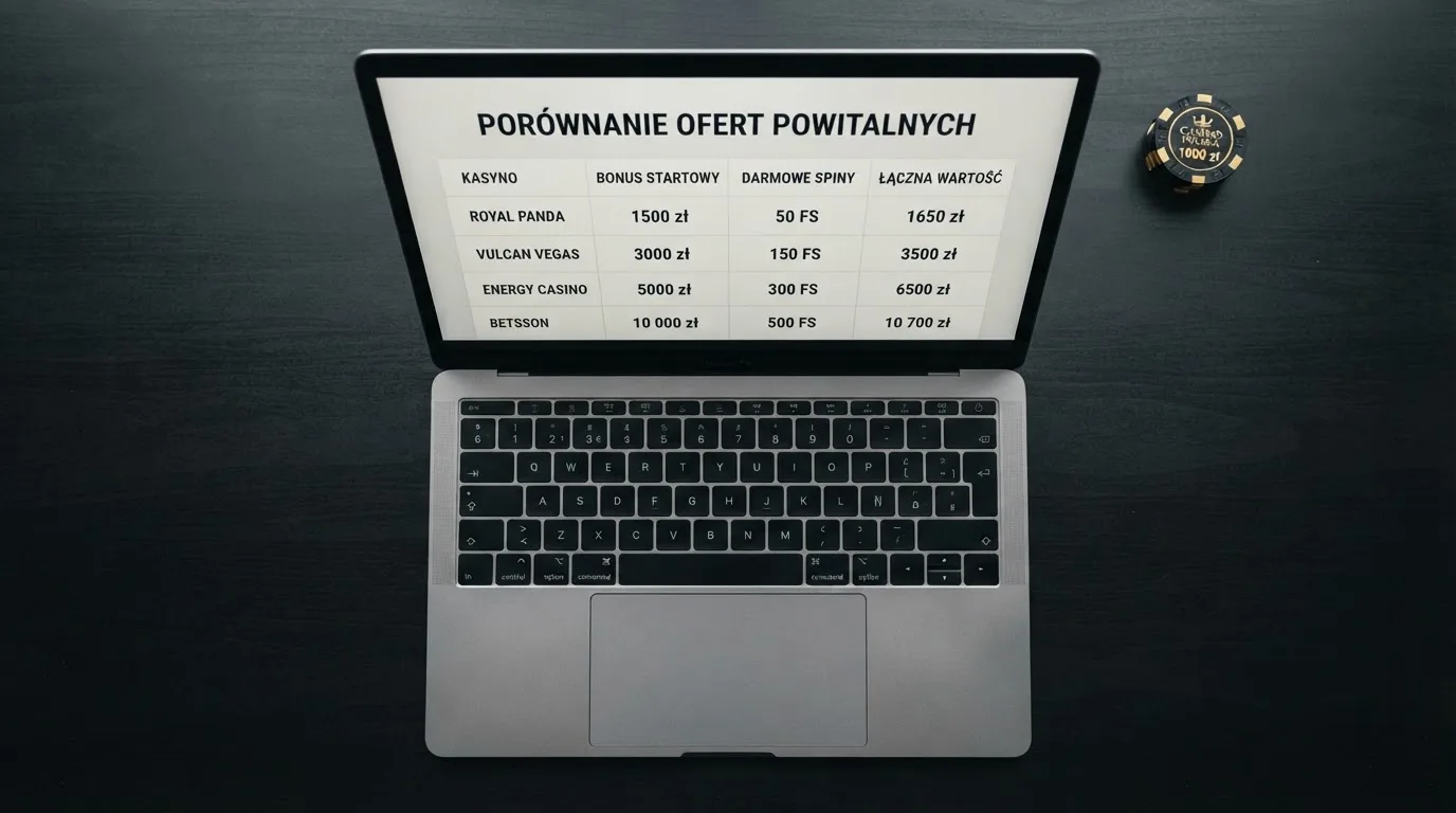 Widok z góry na laptop z otwartą tabelą porównawczą ofert powitalnych kilku serwisów kasynowych