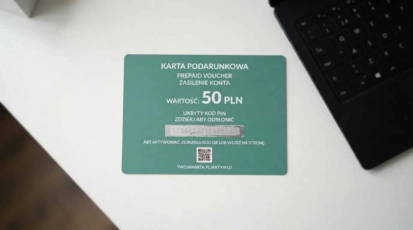 Karta przedpłacona Paysafecard z zasłoniętym polem kodu PIN obok klawiatury laptopa