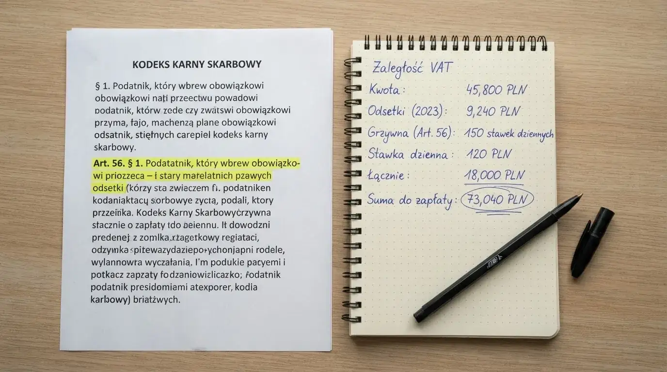 Wydruk kodeksu karnego skarbowego z zakreślonym artykułem obok kalkulatora i długopisu na biurku