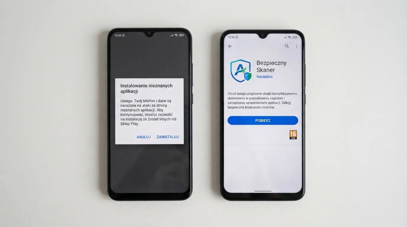 Dwa telefony obok siebie: na jednym komunikat zgody na instalację pliku APK z nieznanego źródła, na drugim strona aplikacji w sklepie z przyciskiem pobierania