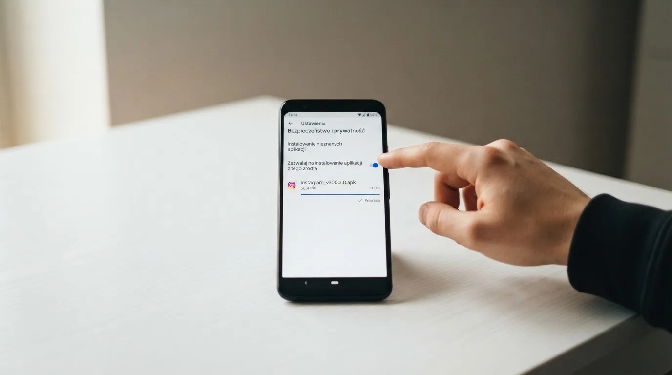 Ekran ustawień Androida z przełącznikiem zgody na instalację aplikacji z nieznanego źródła i pobranym plikiem instalacyjnym na liście