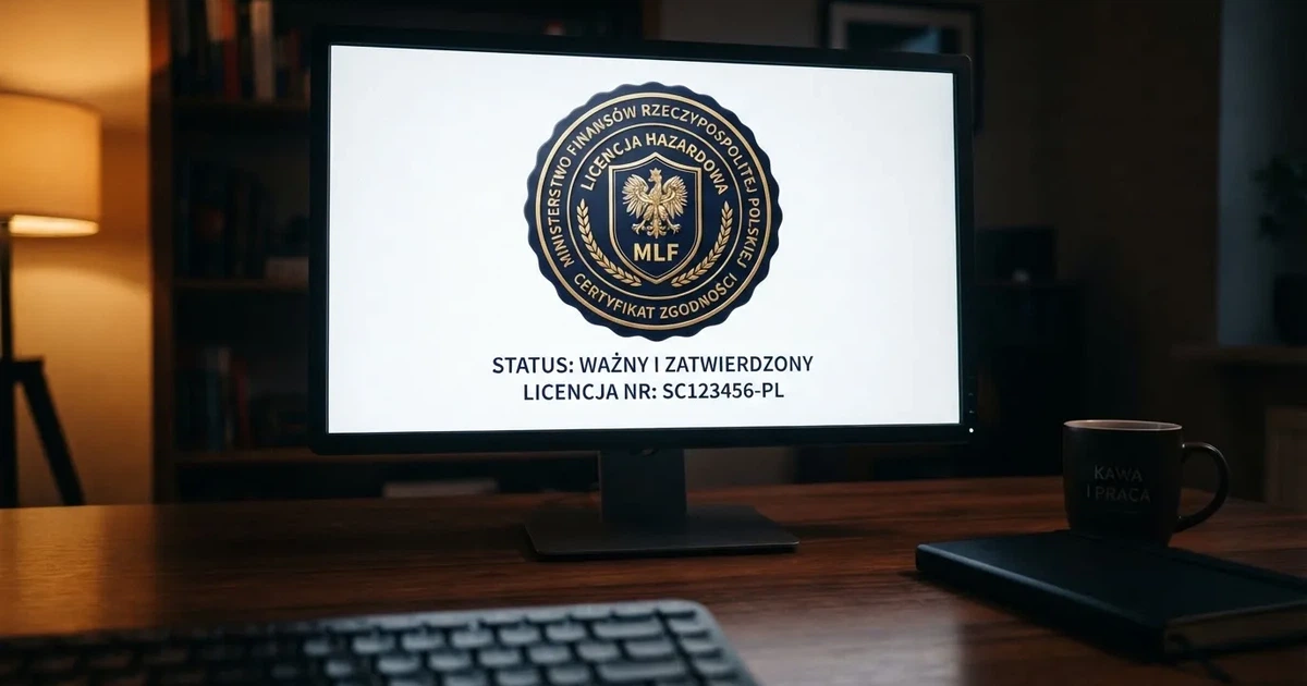 Zbliżenie na pieczęć weryfikacyjną licencji hazardowej wyświetloną na ekranie komputera