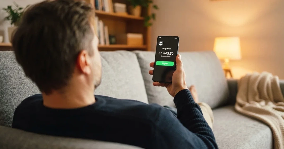 Dorosły mężczyzna na kanapie trzyma smartfon z Androidem, na ekranie saldo konta gracza w złotych obok przycisku wypłaty