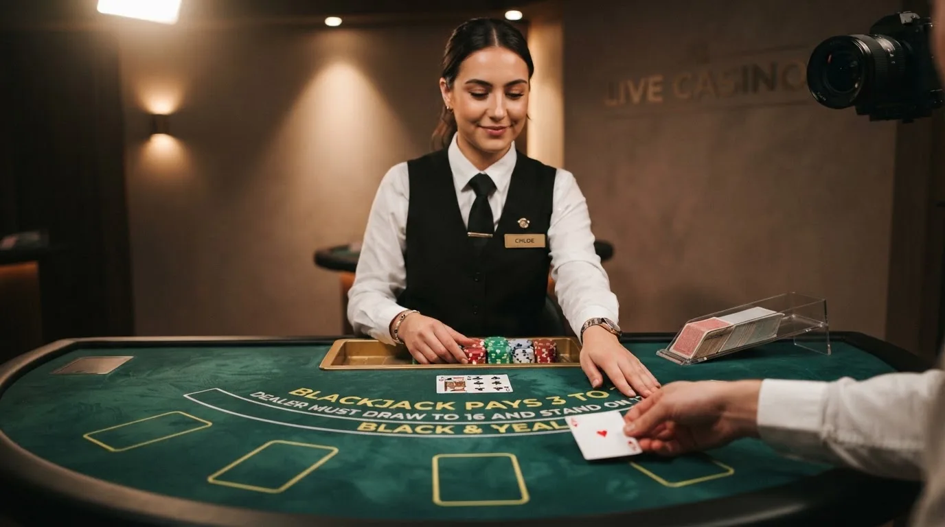 Krupier rozdający karty przy stole blackjacka podczas transmisji na żywo