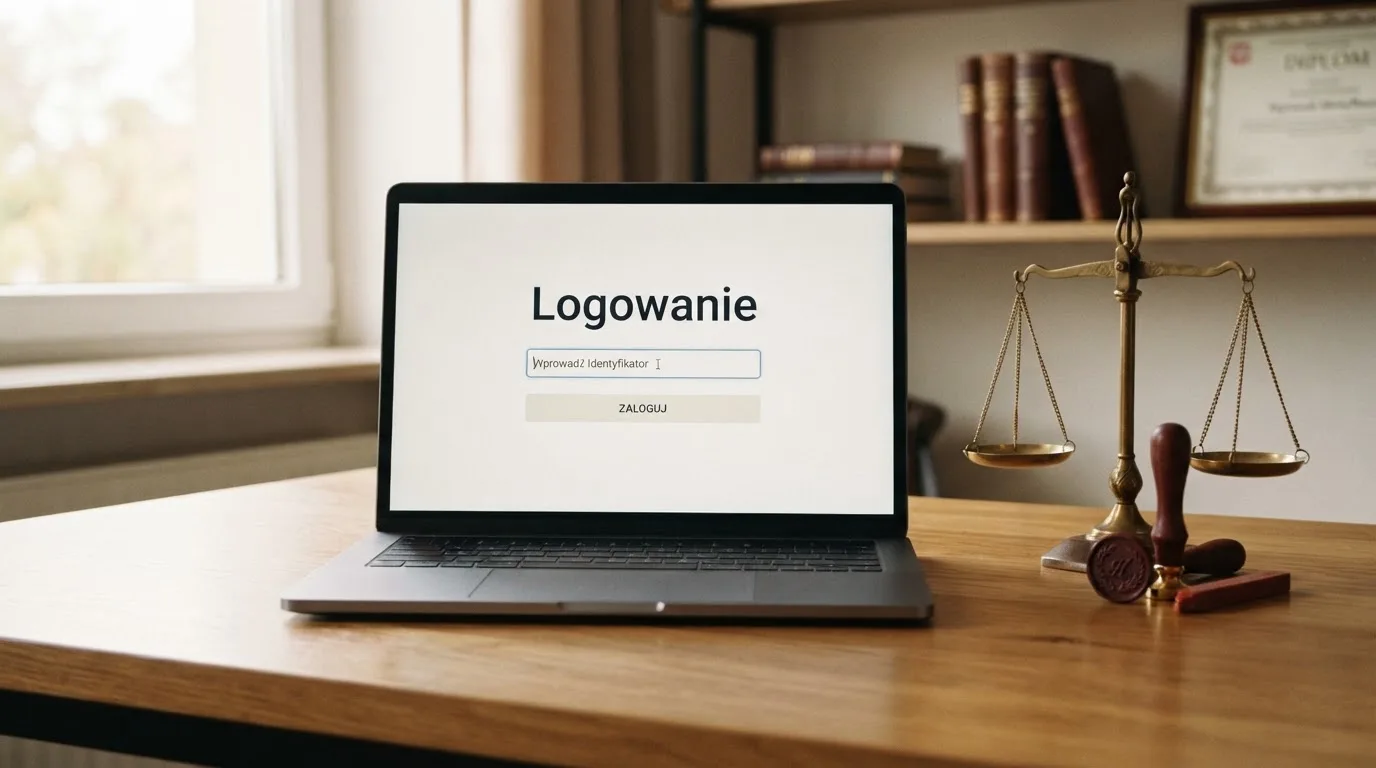 Symboliczna pieczęć urzędowa i waga obok ekranu logowania do serwisu hazardowego