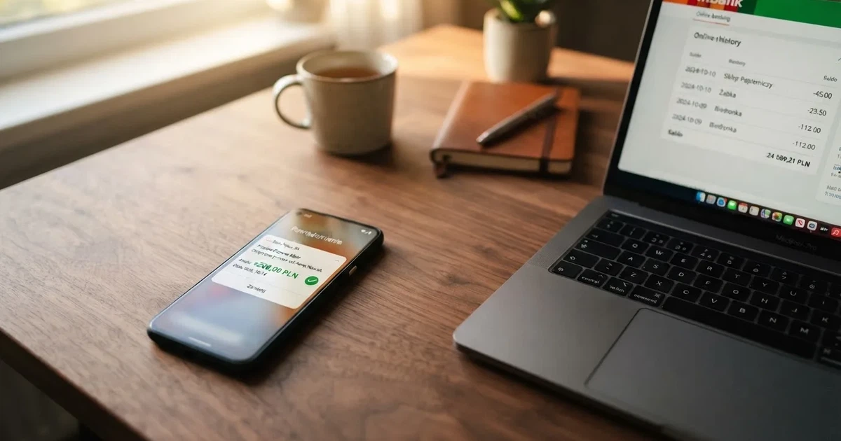 Dłoń trzymająca smartfon z aplikacją bankową pokazującą zaksięgowany przelew przychodzący, obok otwarty laptop z historią rachunku