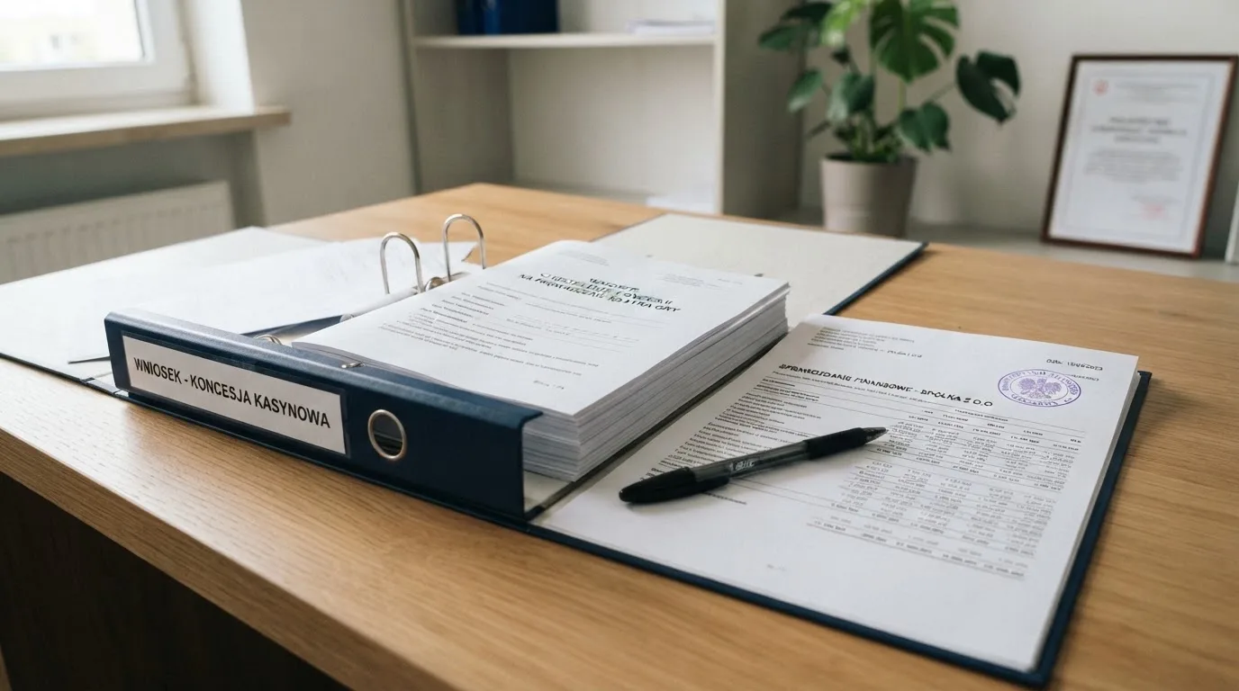 Segregator z wnioskiem o koncesję na kasyno gry, wydrukiem sprawozdania finansowego i urzędową pieczątką leżący na biurku