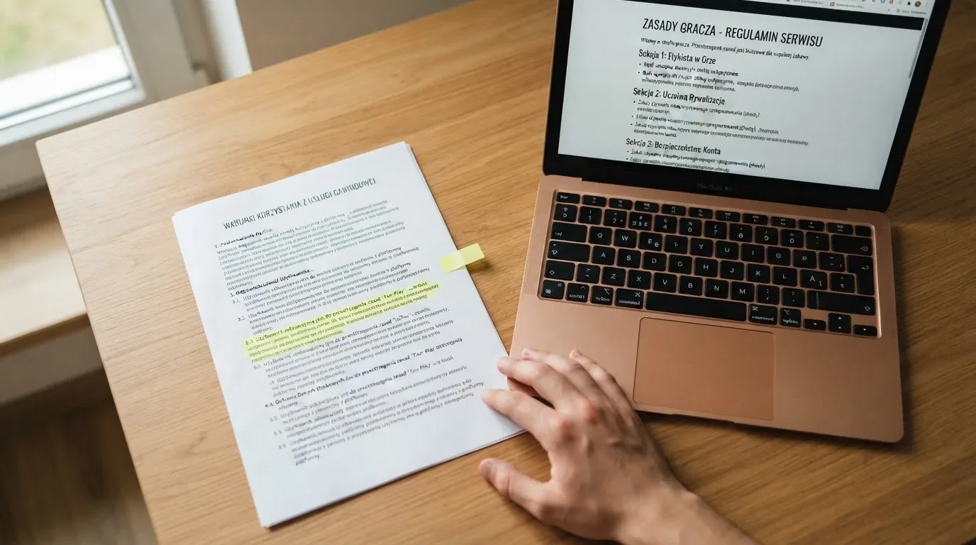Dokument regulaminu operatora kasyna online rozłożony obok laptopa z otwartą stroną warunków gry