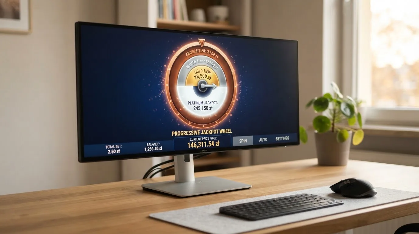 Kołowy wskaźnik jackpota z czterema poziomami nagród na ekranie automatu online, rosnąca pula w tle