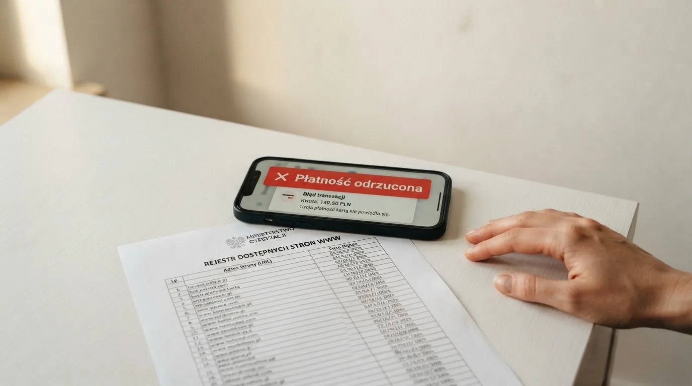 Telefon z komunikatem o odrzuconej płatności na ekranie, obok wydruk tabeli z listą zablokowanych adresów stron