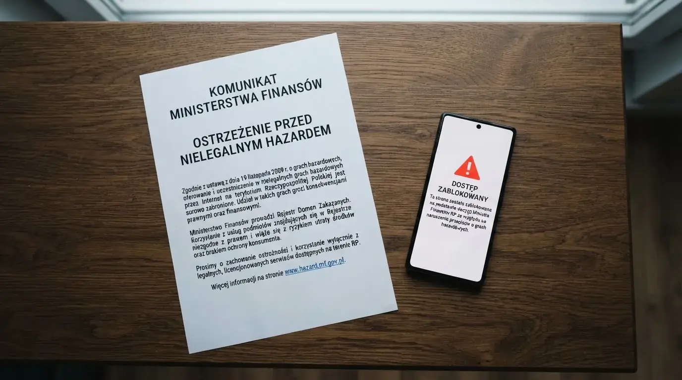 Biurko z wydrukiem ustawy o grach hazardowych i telefonem wyświetlającym komunikat o zablokowanej stronie kasyna