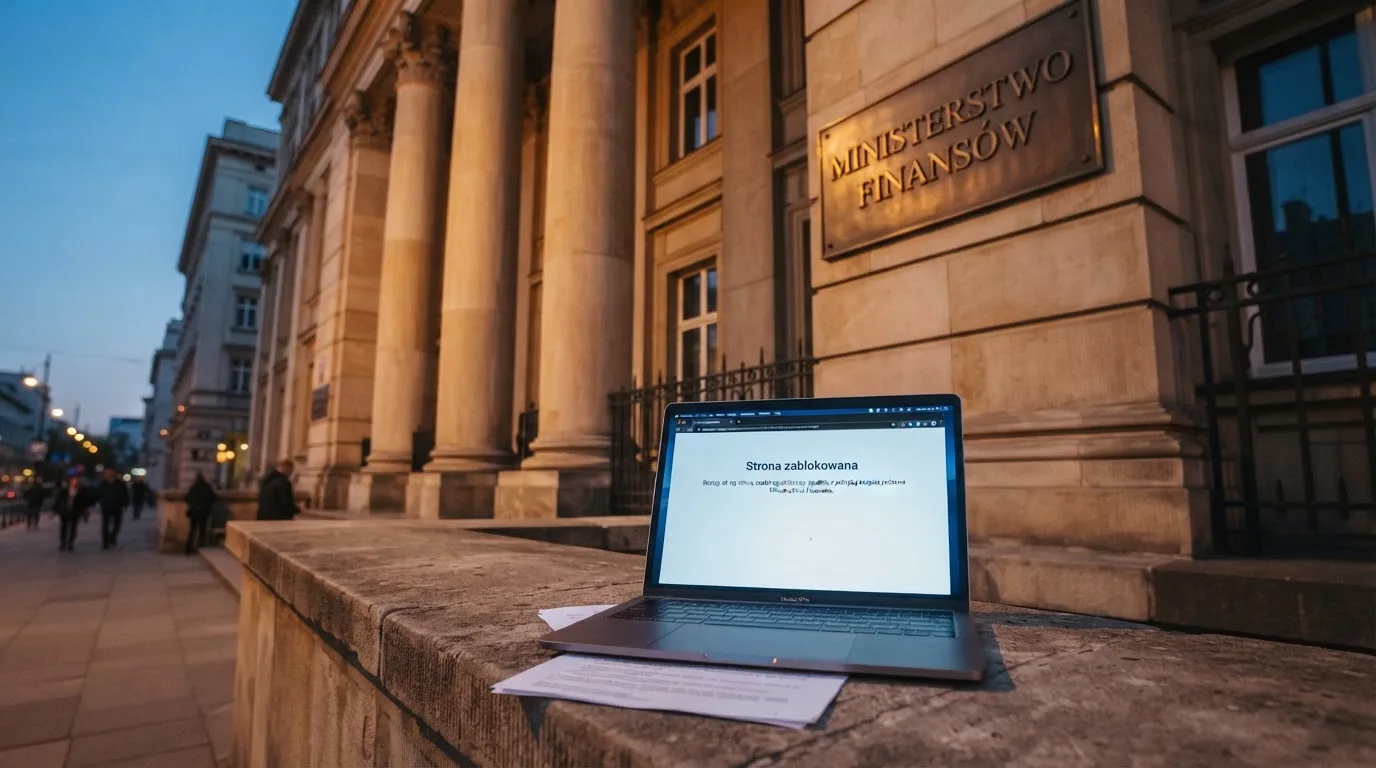 Budynek urzędu z tablicą ministerstwa, na pierwszym planie laptop z komunikatem o zablokowanej stronie kasyna