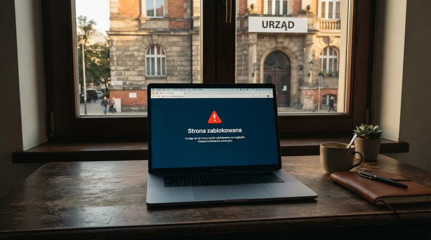 Laptop z komunikatem o zablokowanej stronie hazardowej, w tle budynek urzędu z tablicą ministerstwa