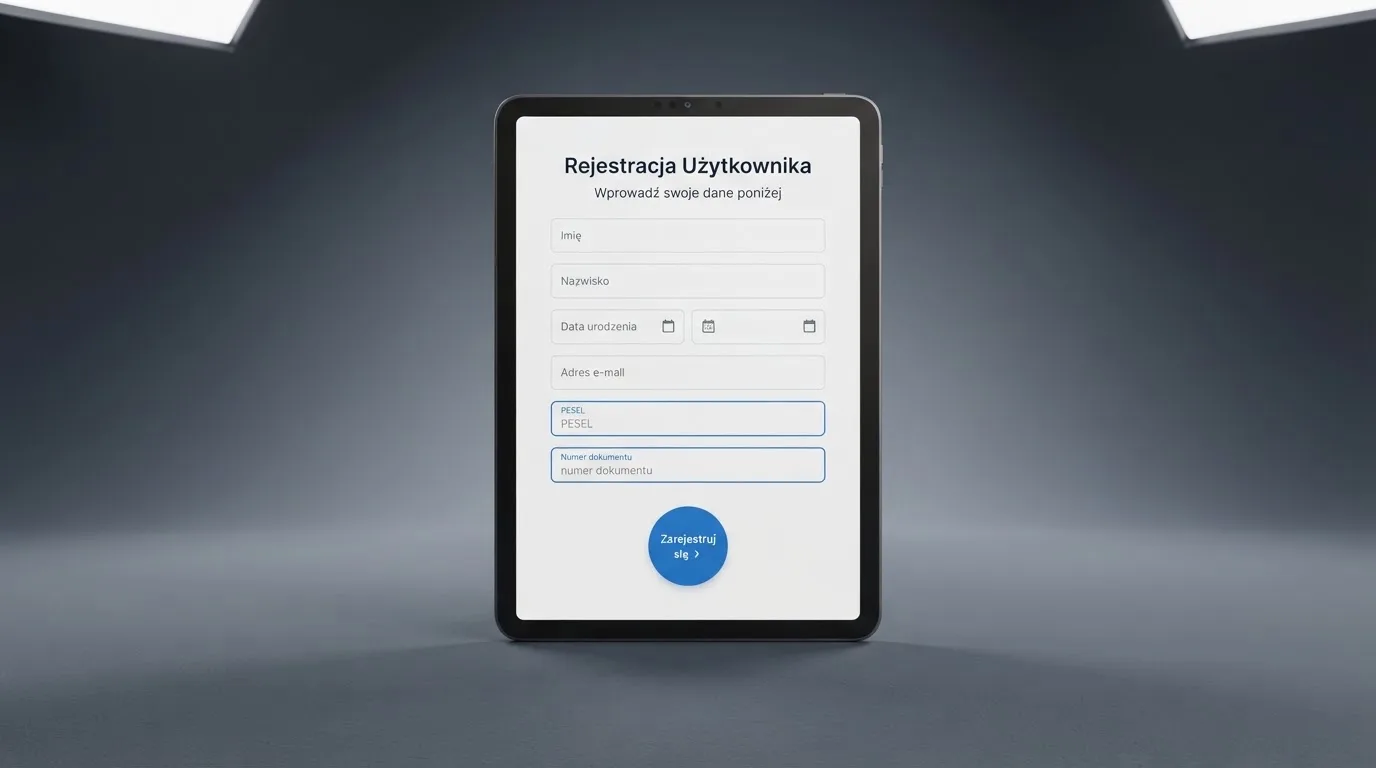 Formularz rejestracji konta gracza z polami na PESEL i numer dokumentu tożsamości na ekranie tabletu