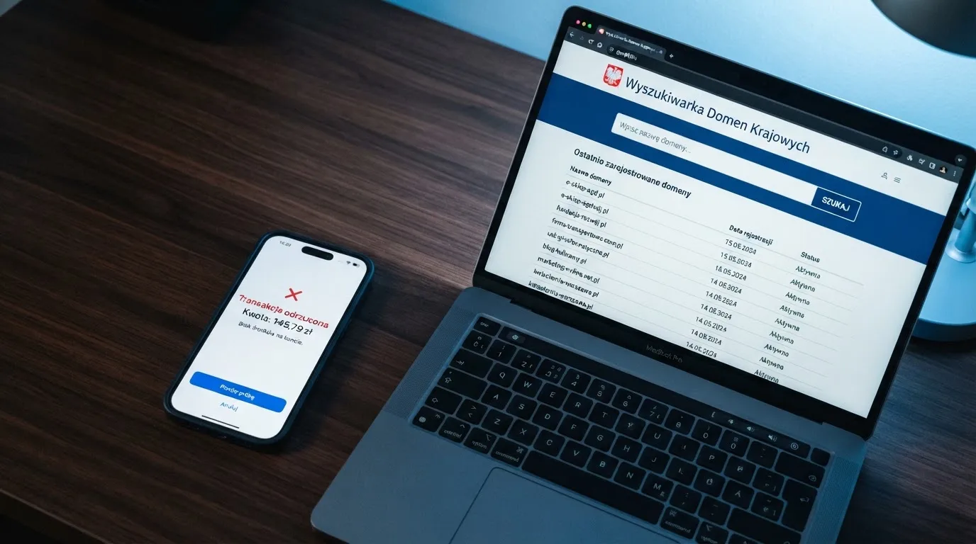 Ekran telefonu z odrzuconą płatnością BLIK obok otwartej w przeglądarce wyszukiwarki rejestru domen Ministerstwa Finansów