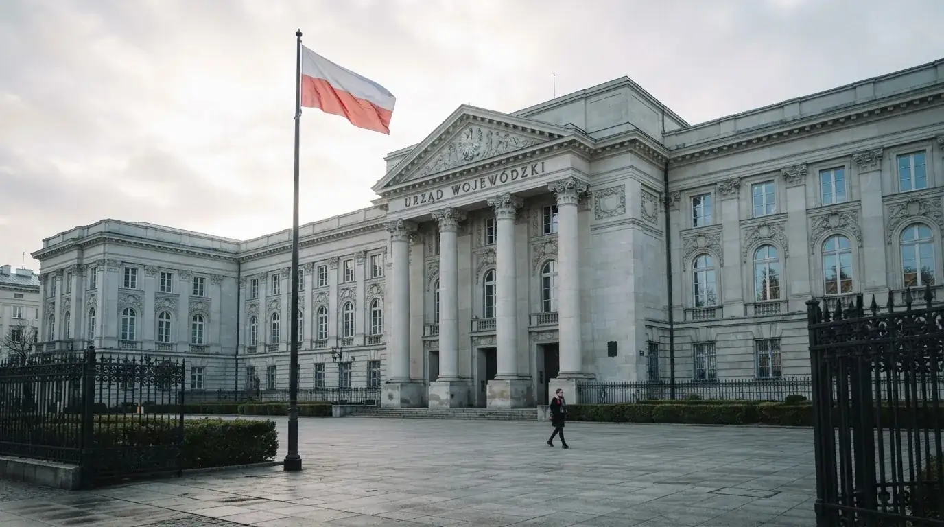Budynek urzędu administracji państwowej z flagą Polski na maszcie w tle