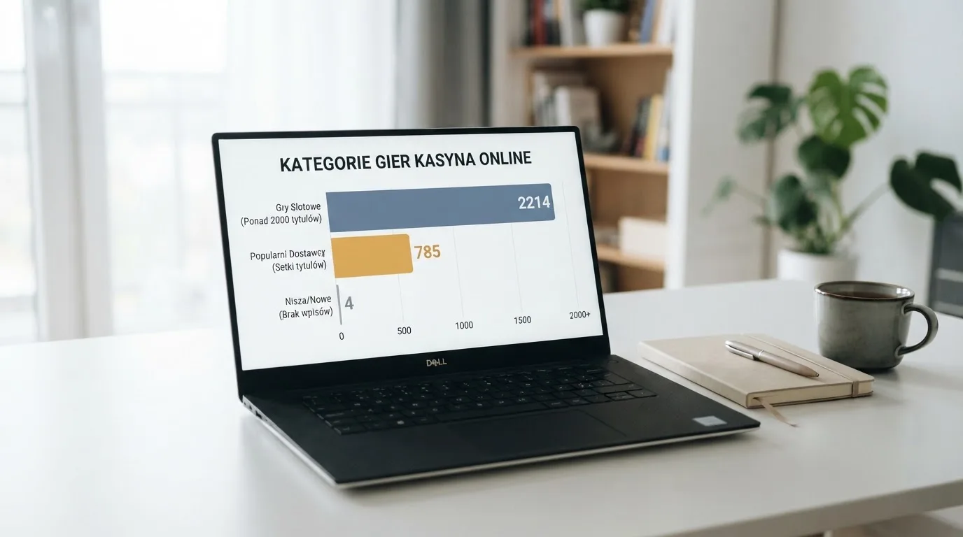 Ekran laptopa z tabelą porównawczą kilku serwisów kasynowych, bez widocznych logotypów marek
