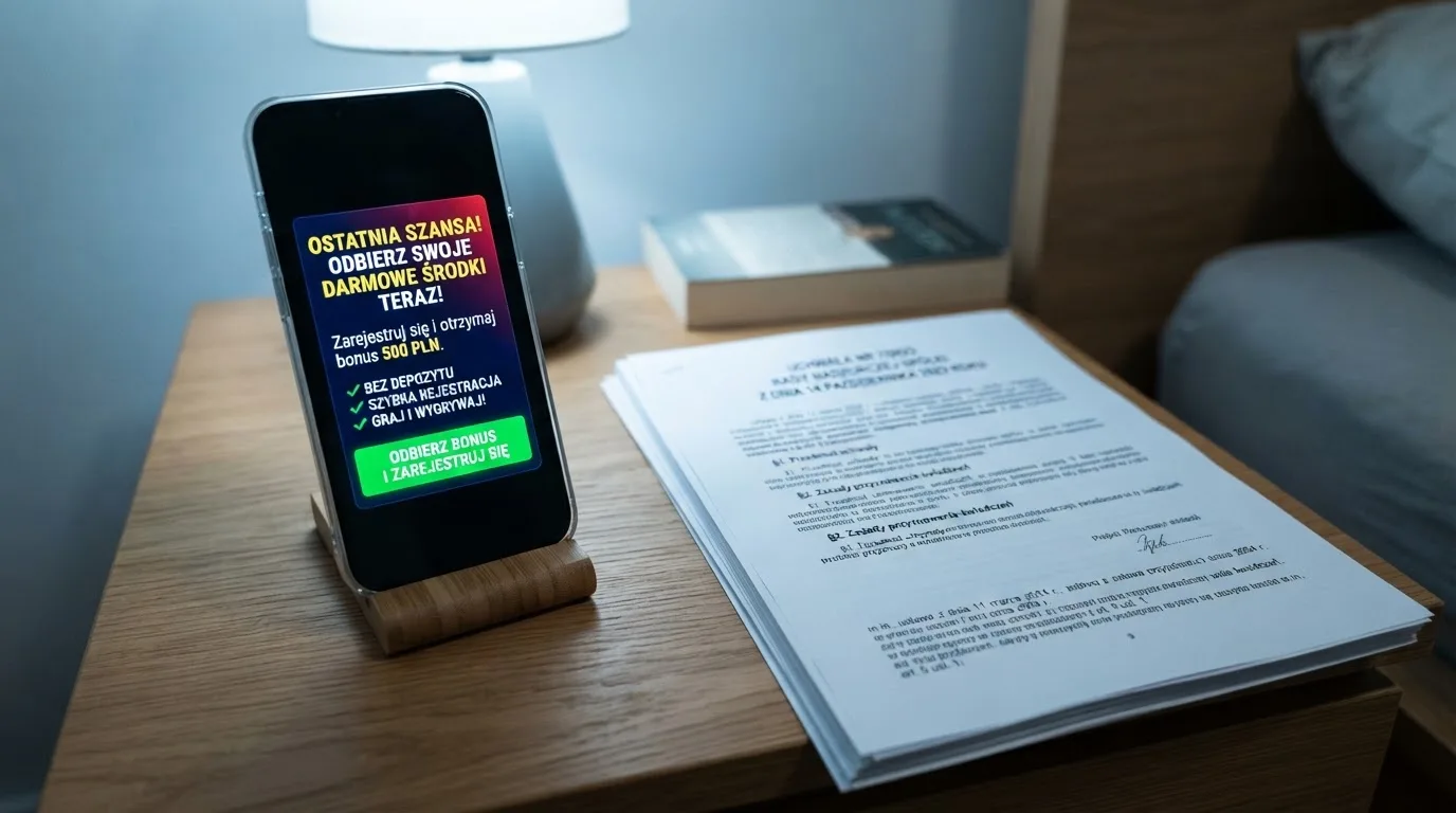 Telefon z wyskakującym banerem obiecującym darmowe złotówki za rejestrację, obok wydruk ustawy o grach hazardowych