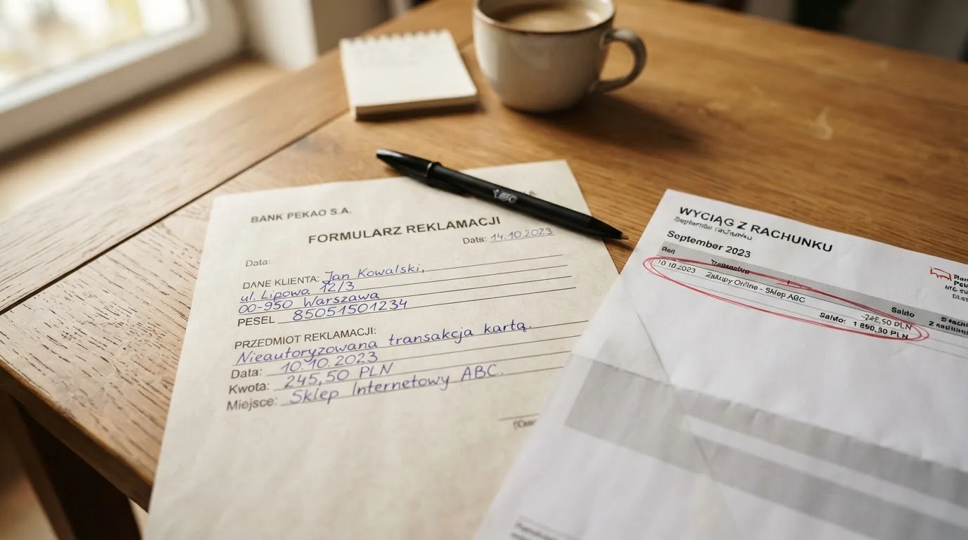 Wydrukowany formularz reklamacji leżący na biurku obok długopisu i wyciągu bankowego z zakreśloną pozycją