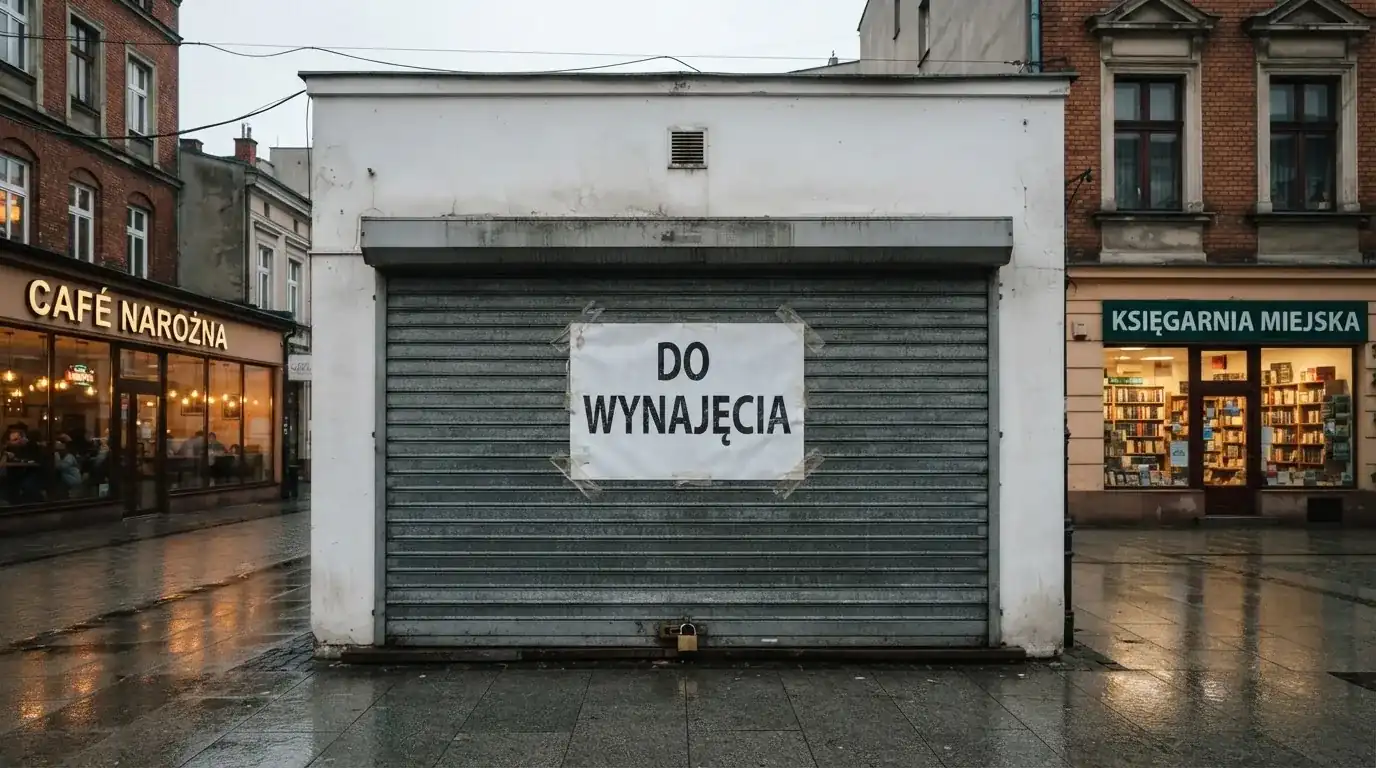 Pusty, zamknięty lokal handlowy z tabliczką „do wynajęcia”, symbolizujący brak działających salonów gry bingo pieniężne