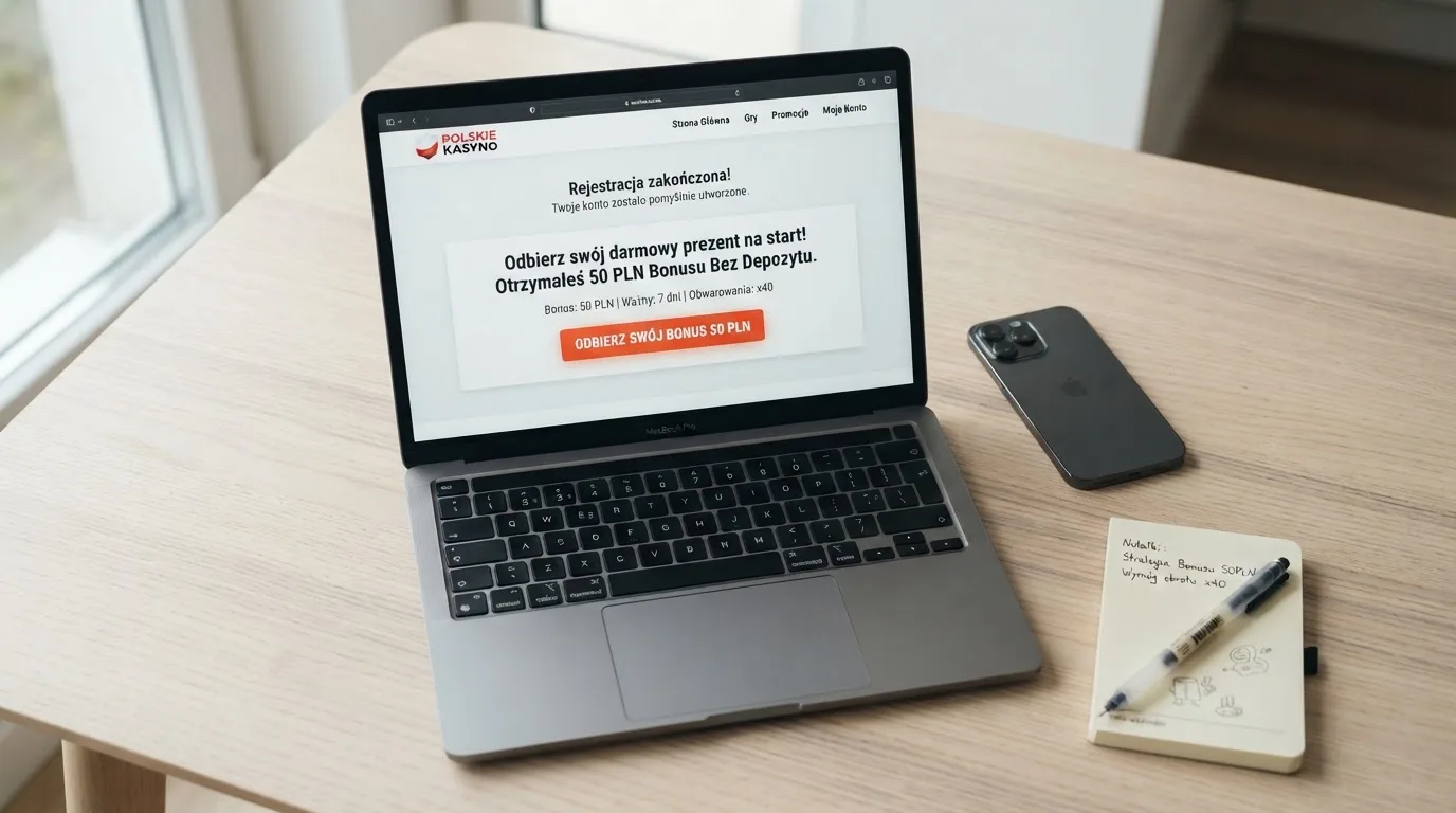 Ekran potwierdzenia założenia konta gracza w kasynie internetowym z komunikatem o bonusie startowym bez wpłaty